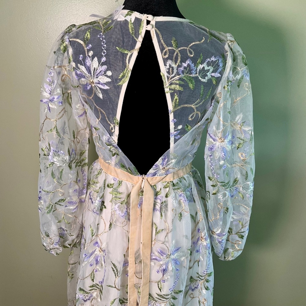 NWT Just Me Floral Embroidered Sheer Mesh Maxi Dress Small S Keyhole Cottagecore - Picture 7 of 16
